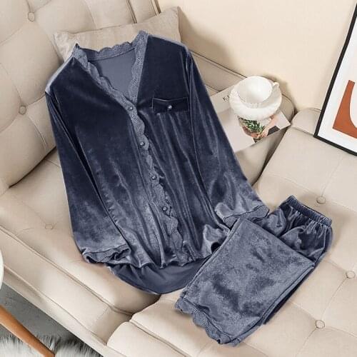 Velvet Pajamas Women Autumn Winter Sleepwear Long Sleeve Casual Nightwear Pyjamas Suit Loose Home Clothes Lace Trim Sleep Set