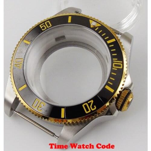 Bliger 43mm Watch Case Parts Sapphire Crystal fit NH35 NH36 movement transprent case back golden plated ceramic bezel