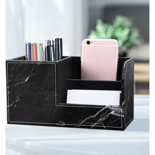 Black Marble Leather Desk Stationery Organizer Pen Pencil Holder Mobile Phone Remote Control Storage 85DD