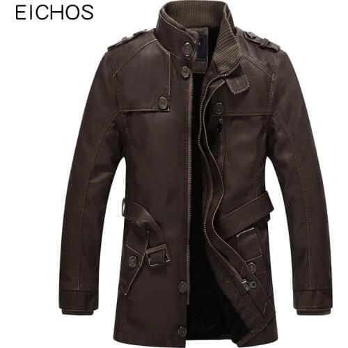 EICHOS Winter Leather Jacket Mens Casual Warm Mens Long Leather Trench Coat Washed PU Leather Motorcycle Jacket Plus size 4XL