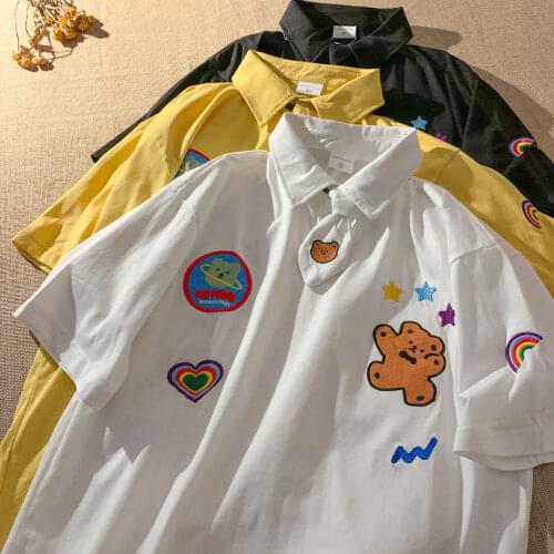 Bear Embroidery Tie Super Cute POLO Collar T Shirts Women Teens Girls Vintage Preppy Summer Tees 2021 New Harajuku Japanese Tops