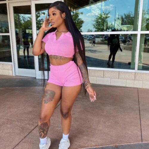 Hirigin Summer Sunken Stripe Sexy Solid short sleeve turn down collar blouses and biker shorts bodycon womens Two-Piece Suit