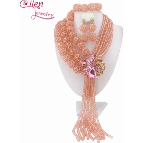 Hotest 2019 African Beads Jewelry Set Nigerian Wedding Party African Pink Jewelry Sets Crystal Beads Jewelry Sets W10237