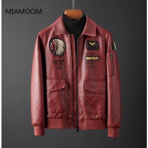 MIAMOOM Embroidered Leather Mens Short Jacket Motorcycle Lapel Men Soft Leather Jacket