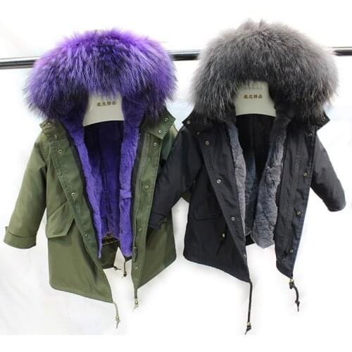 Genuine Real Fur Rex Rabbit Fur Jackets Parkas With Big Raccoon Fur Hooded Collar For Baby Girl Clothes Kids Boys Winter Jacket