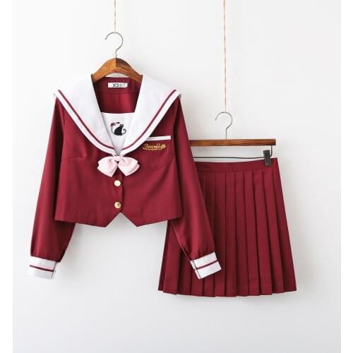 2020 New Arrival Rose And Cat Embroidery Orthodox Jk Uniform College Wind Student Sailor School Uniform Long Skirt Two Piece Set