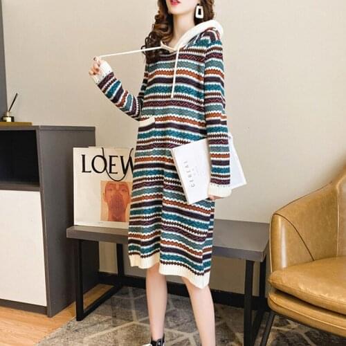 Autumn Winter Fashion Women Striped Hooded Long Sweater Dress Female Loose Long Dress Female Chic Knit Vintage Dress