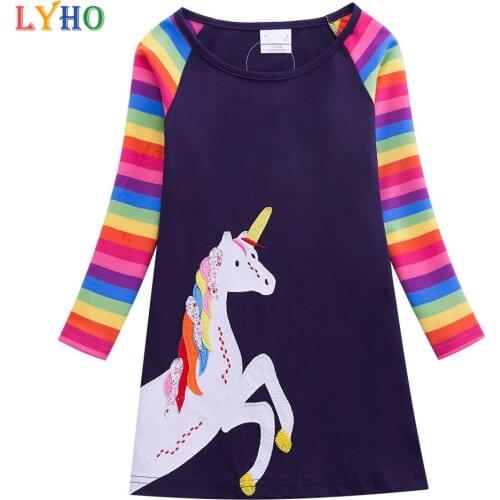Girls Dress Long Sleeve Sweater Spring 2021 Rainbow Unicorn Color Stripe Dresses Toddler Baby Clothes for Kids 2-8 Years LYHO