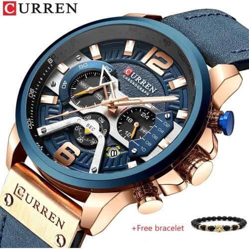 CURREN 8329 Casual Sport Watches Men Wrist Blue Leather Luxury Military Man Fashion Chronograph Wristwatches (Free bracelet)