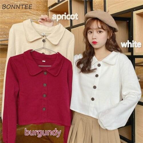 Pullovers Women Sweaters Vintage Solid Button Cropped Teenagers Long Sleeve Daily Elegant Trendy Ins Soft All-match Korean Style