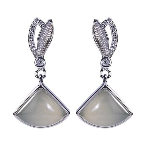 S925 sterling silver Hetian gray jade stud earrings retro elegant leaf geometric earring pendant for ladies earrings