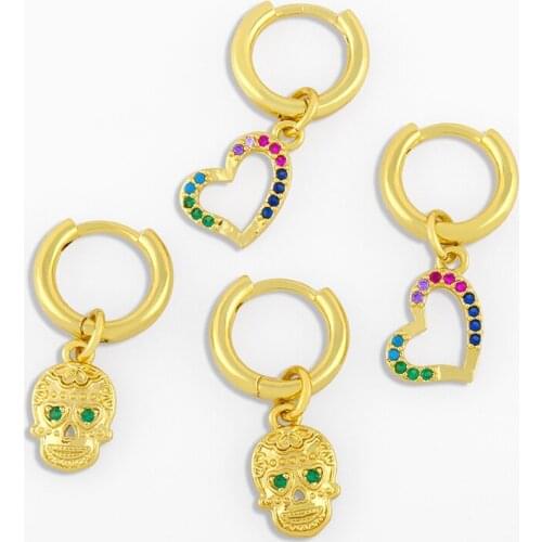 FLOLA Multicolor Small Heart Drop Earrings For Women Crystal Skull Skeleton Huggies Earrings Dangle Stone Jewelry Gifts ersv89