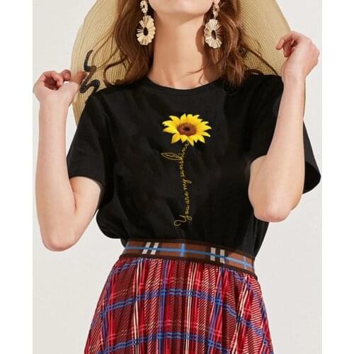 Tops Women 2020 Sunflower Printing Graphic Short Sleeve O-neck Oversized T Shirt Casual Polyester Sunshine Woman Tshirts Tops