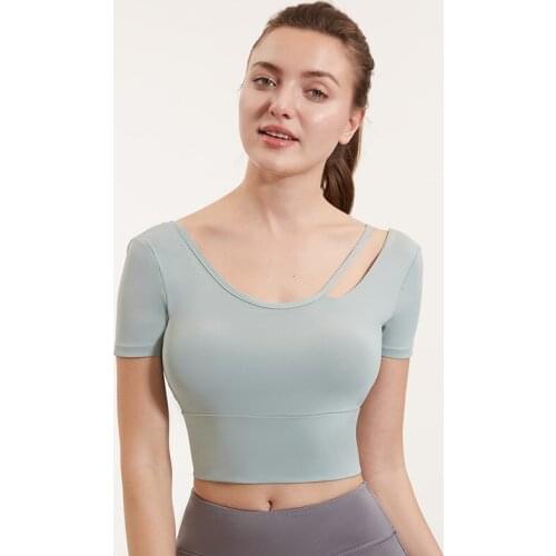 Vansydical Womens Sexy Backless Yoga Gym Shirt Gym Quick Dry T-shirts Padded Crop Tops Solid Short Sleeve Running Fitness