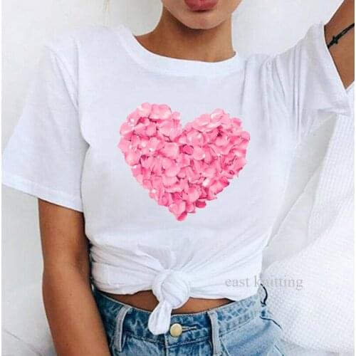 Pink Heart Flower Print Women Summer New Fashion Tshirt Cotton Casual Funny T Shirt Gift 90s Yong Girls Harajuku Tops Tee