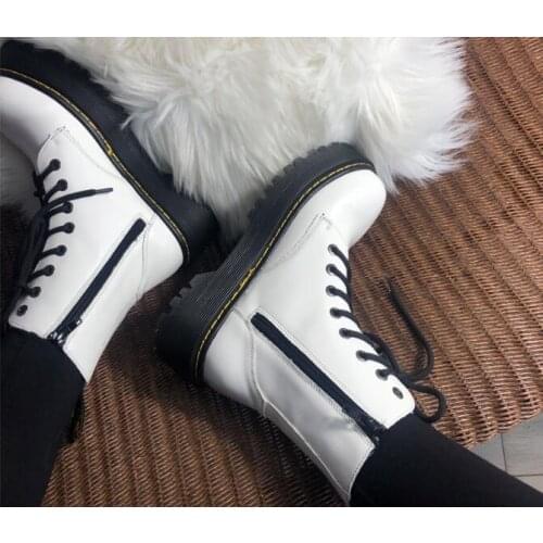 Punk Style Black White Girls Rock Motorcycle Boots Round Toe Lace Up Front Thick Heel Platform Short Martin Boots Winter Boots
