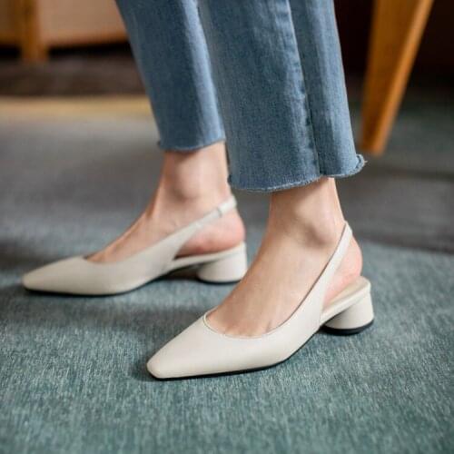 Miaoguan 2021 Square Med Heel Back Strap Women Sandals Microfiber Summer Ladies Pumps Pointed Toe Concise Female Shoes Plus Size