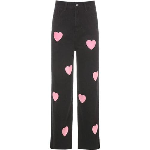 Women Stylish Love Heart Print Wide Leg Jeans Ladies Fashion Pocket High Waist Denim Pants