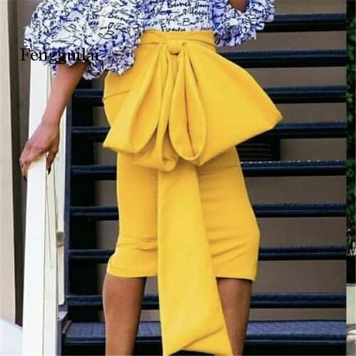 Women Yellow Skirts High Waist with Big Bowtie Slim Female Hip Office Elegant Summer Fashion