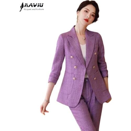 Purple Plaid Suits Women 2021 New Temperament Double Breasted Business Formal Slim Blazer And Pants Office Ladies Work Wear