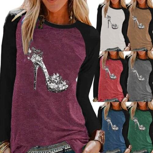 Womens Autumn and Winter New Leisure Round Neck Floral Shoes Print Sweatshirt Long Sleeve Plus Size T-shirt Loose Print Top