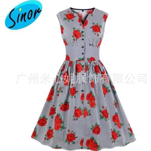 2019 womens single-breasted printed V-neck sleeveless high waist retro dress spot 1970 banquet dress