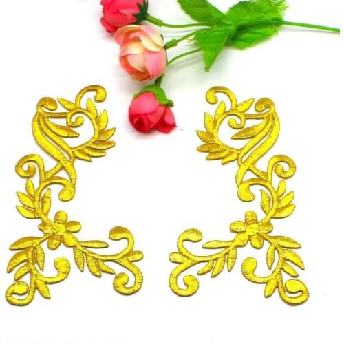 Iron On Embroidered Patches Gold And Silve Flower Appliques Mirror Pair 3D Vintage Diy Costume Trims 6.5*12.5cm Diy