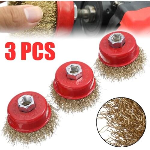 3pcs Brass Coated Wire Cup Brushes For Cleaning Tools Accessories Rotary Steel Wire Crimp Wheel Angle Grinder M14 65mm