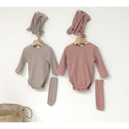 Newborn Unisex Baby Boy Girls Long Sleeve Bodysuit Set Solid Color Cute Rabbit Ear Baby Bodysuit+Hat+Socks Set Infant Clothing