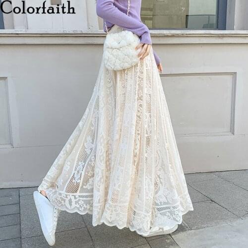 Colorfaith 2021 Spring Summer Women Ankle-Length Long Skirt Lace Korean Elegant Flare Sweet High Waist Wild Lady Skirts SK1305
