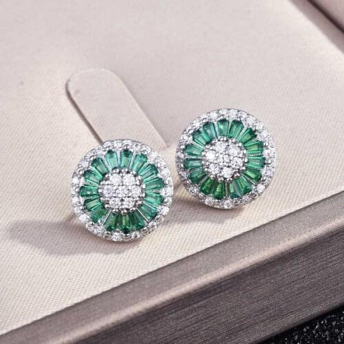 Elegant Round Stud Earrings With Green Crystal Zircon Vintage Charm Piercing Jewelry For Women Wedding Party Birthday Gift