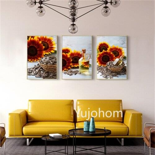 Canvas Painting Sunflower Flower Oil with Seeds on Vintage Wooden Background Modern Wall Art Living Room Picture Home Decoration