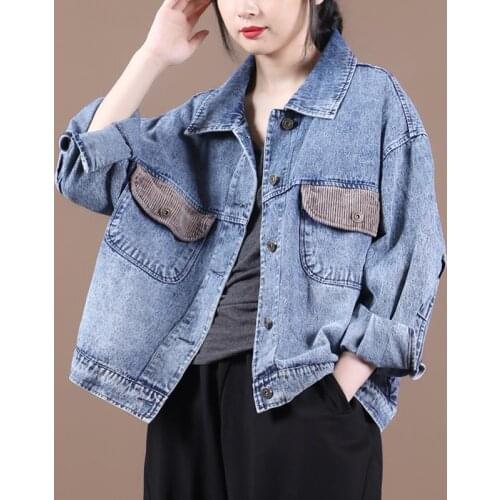 Women Casual Denim Jackets Pocket Stitching New 2021 Autumn Korean Vintage Style Coat Turn-Down Collar Loose Female Outerwear