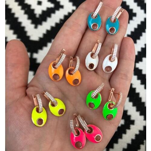 Mini CZ Huggie Hoops 7 Colorful Enamel Beads Charm Hoop Earring Gold Color Fashion