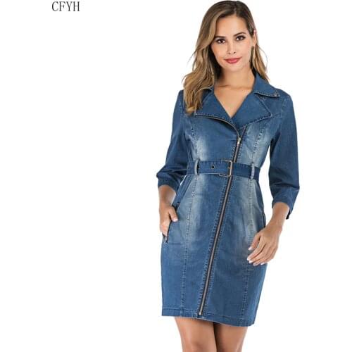 Fashion Denim Dress Plus Size Casual Pencil Dress with Pockets Zipper Bodycon Dress with Belt
