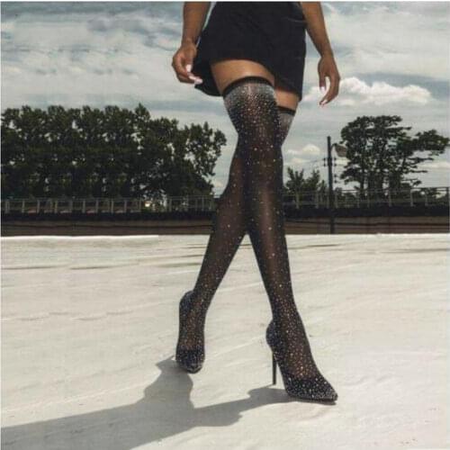 Fashion high heel 12cm Crystal Stretch Fabric Sock Boots Pointy Toe Over-the-Knee Heel Thigh High Pointed Toe Woman Boots jkm63