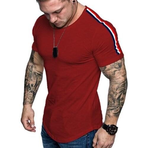 Mens T Shirts Joggers Muscle Casual Tops Short Sleeve Summer Tops Harajuku Shoulder Striped Slim Fit Red Men Tees