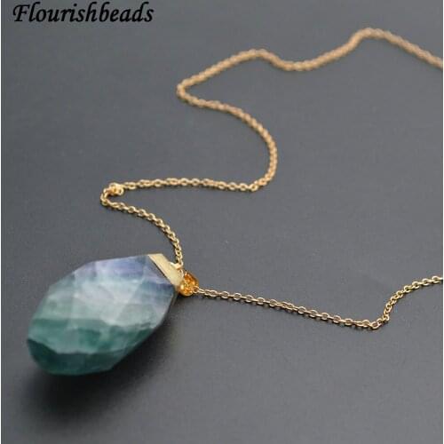 Natural Fluorite Nugget Stone Surface Cutting Stone Pendant 18" Link Chains Necklace Fashion Woman Jewelry