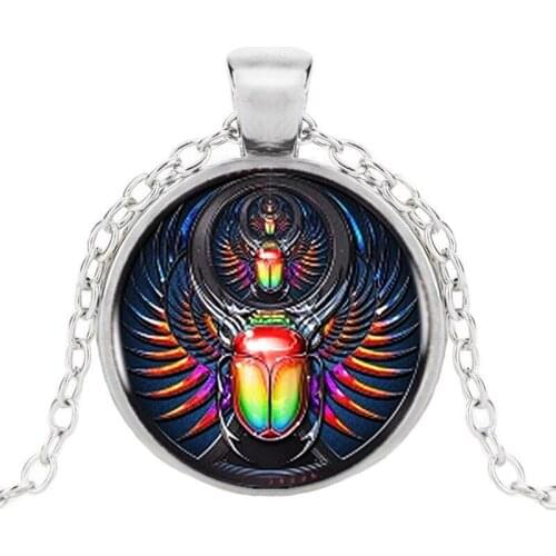 Retro Egyptian Scarab Photo Chain Necklace Symbol of Strength Glass Cabochon Pendant Egypt Amulet Charm Statement Jewelry