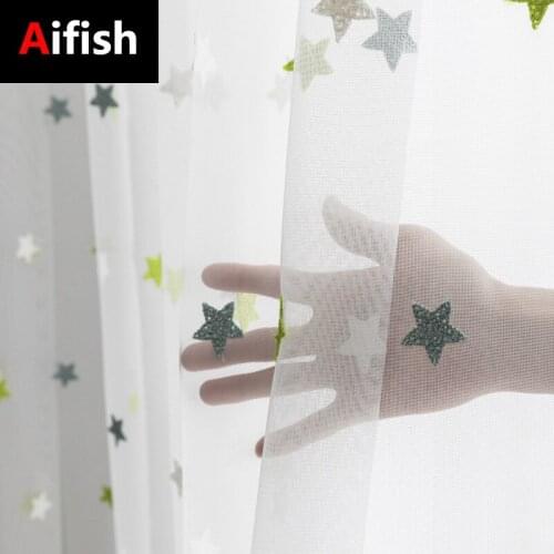 Green Star Embroidered White Sheer Curtains for Living Room Bedroom Kitchen Tulle Curtains Kids Door Window Curtain m065T4