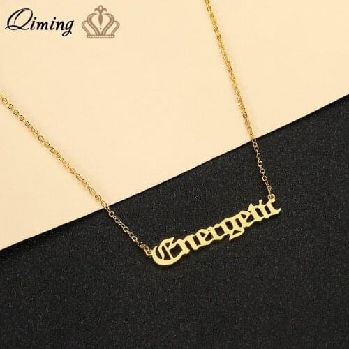 QIMING Energetic Pendant Necklace For Women Old English Letter Fashion Jewelry Accessories Gold Retro Men Necklace