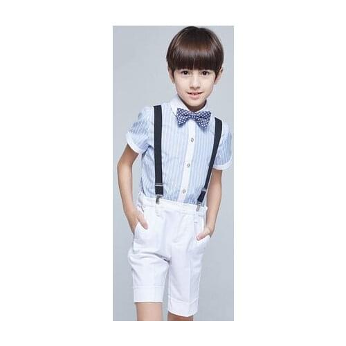 Straps+shirt+bow tie+pants) New Summer clothing sets kids Top boys girls Navy Stripe kids clothes children School uniforms suit