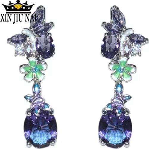 Luxury creative womens purple crystal flower sparkling earrings Exquisite Charms Hot sales fashion Show ball party accessories