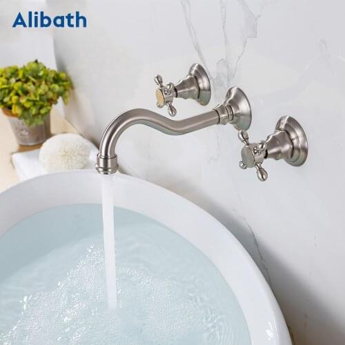 Luxury Brushed Nickel Tap Wall Mounted Bathroom Basin Sink Faucet Solid Brass Hot & Cold Mixer Bathtub Faucet