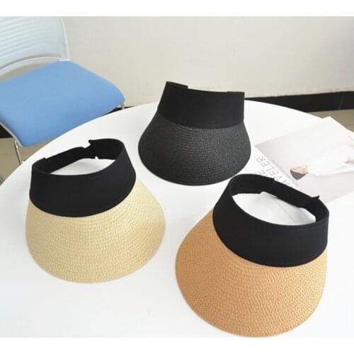 New Simple Summer Straw Sun Hat Women Pearl Backable Sun Visor Hat With Big Heads Wide Brim UV Protection Female Cap