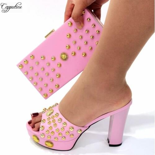 Evening Party Woman Shoes And Purse Bag Ladies Pink High Heels 10.3CM Pumps With Clutch Handbag Set Slippers Sandals Bolsa CR140