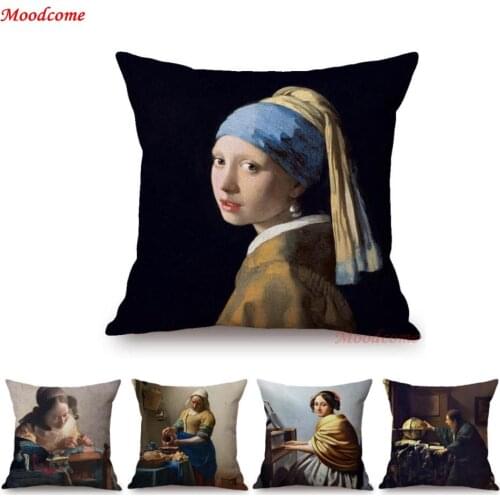 World Famous Oil Painting Johannes Vermeer Girl With A Pearl Earring The Milkmaid Oil Painting Sofa Pillow Case Cushion Cover