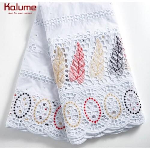Kalume High Quality African Cotton Lace Fabric Latest Hole Nigerian Voile Dubai Lace Fabric With Stones For Nigerian Dress 2289