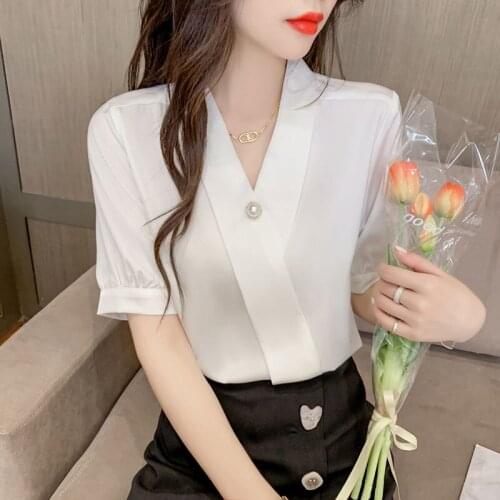 Autumn New 2021 Korean Blouses French Retro Solid Color Ruffle Blouse V Neck Puff Sleeve Pleated Splicing Temperament Casual
