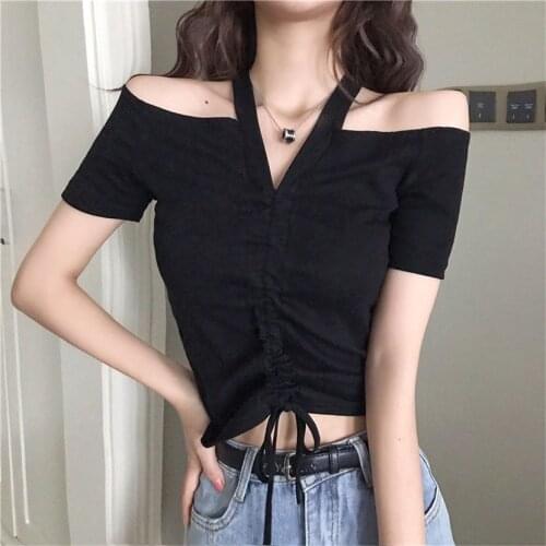 2021 summer new Korean sexy hanging neck off shoulder top womanly drawstring slim fit short sleeve T-shirt bottomed shirt